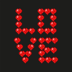 Valentine's Day art. Vector love word shaped from red Pixel heart. Love typography isolated black background. Perfect retro Pixel art for Valentine Day wall decor greeting banner poster layout. EPS 10