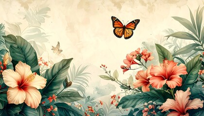 Vibrant Butterfly Amidst Tropical Hibiscus Flowers and Lush Foliage in a Dreamy Garden Setting