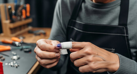 Close up of a mechanic's hands applying a first aid dressing to a cut finger, highlighting workplace safety and care