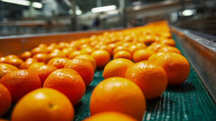 Fresh tangerines moving along a conveyor belt inside a fruit processing facility with bright factory lighting and industrial equipment in the background