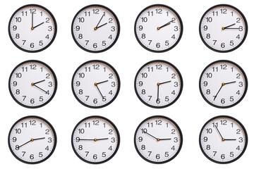 Collection of twelve round wall clocks showing 02:00 to 02:55 or 14:00 to 14:55, isolated on white background. Concept of time management, global time zones, scheduling, and business planning.