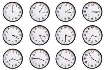 Collection of twelve round wall clocks showing 03:00 to 03:55 or 15:00 to 15:55, isolated on white background. Concept of time management, global time zones, scheduling, and business planning.