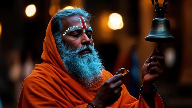Serene elderly figure ringing temple bell at sunset, traditional sadhu in orange robes ringing bell with devotion, peaceful elderly south asian sadhu engaged in sacred evening rituals with incense