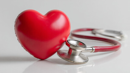 Red heart and stethoscope on white surface symbolizing heart health care