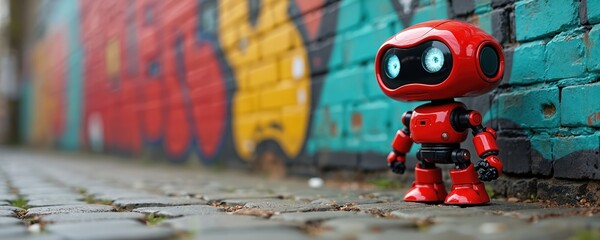 Red toy robot stands near street wall. Cute droid character is on sidewalk with graffiti. Urban scene of modern city with robot and design backdrop for blogs.