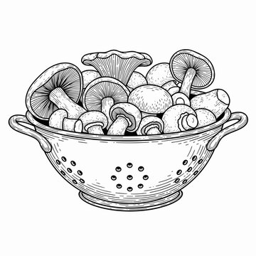 mushrooms in colander, black and white clip art preview