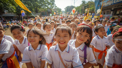 Thai schoolchildren in holiday parade celebration