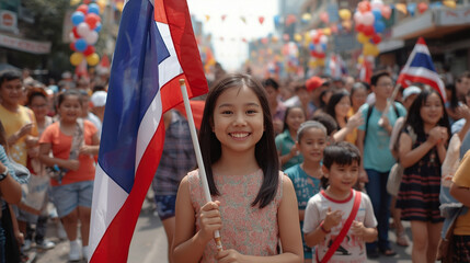 Smiling Thai girl waving Thailand flag outdoors on National Children&rsquo;s Day