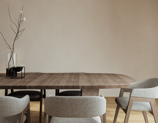Close-up view of a modern wooden dining table with neutral upholstered chairs and minimalist decor. 3D rendering