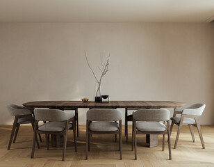 Modern dining room with wooden table, neutral upholstered chairs, and minimal decor in a calm,...