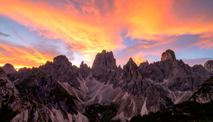 Majestic Peaks Silhouetted Against a Vibrant Orange Pink Sunset Sunrise Sky