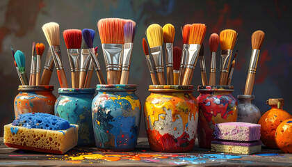 Vibrant Paint Jars with Brushes and Decorated Mason Jar Containers, Neatly Arranged Art Supplies Reflecting Creativity in an Artistic Crafting Studio