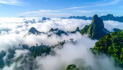 Breathtaking Aerial View of Misty Mountain Peaks Covered with Lush Greenery and Clouds