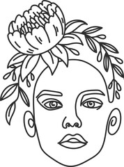 Female face line with flowers. Continuous lines art with woman minimalist portraits with bouquet in hairs. Fashion beauty logo vector set