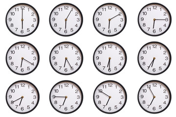 Collection of twelve round wall clocks showing 06:00 to 06:55 or 18:00 to 18:55, isolated on white background. Concept of time management, global time zones, scheduling, and business planning.