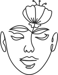 Female face line with flowers. Continuous lines art with woman minimalist portraits with bouquet in hairs. Fashion beauty logo vector set