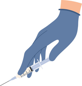 Doctor hands with vaccine. Nurse hand in medical gloves hold syringe and ampoule with medicine. Flu or covid vaccination concept vector set
