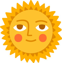 Sun characters. Cartoon sunshine emoji with funny faces. Children nursery decoration with sunny day designs. Kid happy morning vector set