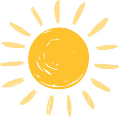 Cartoon sun icon. Flat and hand drawn summer symbols. Sunshine shape logo. Morning sun silhouettes and sunny day weather elements vector set