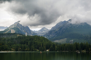 Serene mountain landscape with lake and clouds