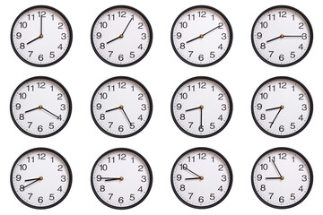 Collection of twelve round wall clocks showing 08:00 to 08:55 or 20:00 to 20:55, isolated on white background. Concept of time management, global time zones, scheduling, and business planning.