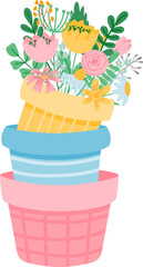 Spring elements. Blooming flower, cute animals and birds. Springtime garden decoration, birdhouse, tool and plants, drawn cartoon vector set