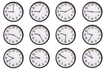 Collection of twelve round wall clocks showing 09:00 to 09:55 or 21:00 to 21:55, isolated on white background. Concept of time management, global time zones, scheduling, and business planning.