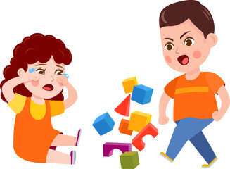 Bully child. Cartoon bad kid fight and mock crying girl. Verbal and physical bullying. Problem behavior children in kindergarten vector set