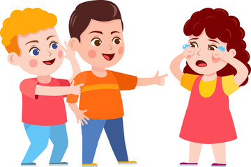 Bully child. Cartoon bad kid fight and mock crying girl. Verbal and physical bullying. Problem behavior children in kindergarten vector set