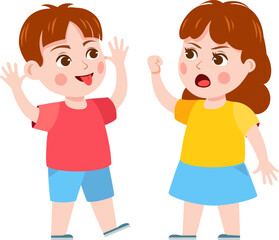 Brother and sister fight. Cartoon siblings angry, quarrel and cry. Kids fighting over a toy, playing together and holding hands vector set