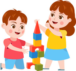 Brother and sister fight. Cartoon siblings angry, quarrel and cry. Kids fighting over a toy, playing together and holding hands vector set