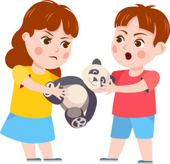 Brother and sister fight. Cartoon siblings angry, quarrel and cry. Kids fighting over a toy, playing together and holding hands vector set