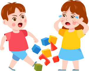 Brother and sister fight. Cartoon siblings angry, quarrel and cry. Kids fighting over a toy, playing together and holding hands vector set