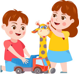 Brother and sister fight. Cartoon siblings angry, quarrel and cry. Kids fighting over a toy, playing together and holding hands vector set