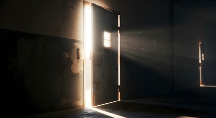 Old prison door slightly open with light shining through, symbolizing freedom and hope