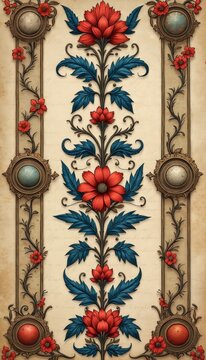Ornate vertical floral design with bold red flowers, deep blue leaves on aged parchment. Intricate dark vines, antique round frames decorate medieval illustration. Old document texture with faint,