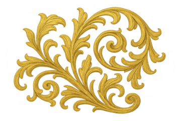 Golden baroque styling acanthus leaf scrollwork with intricate details. Classical decorative filigree motif, isolated with a transparent background