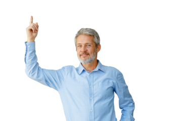 Mature man smiling and pointing finger up, having an idea or showing something above, transparent background