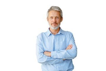 Obraz premium Mature professional man with grey hair and beard looking directly at camera, confident and serious