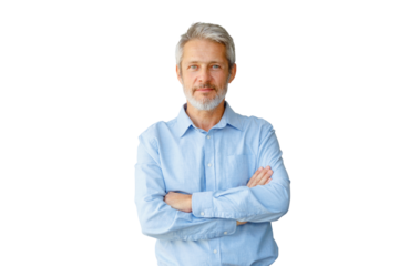 Mature professional man with grey hair and beard looking directly at camera, confident and serious