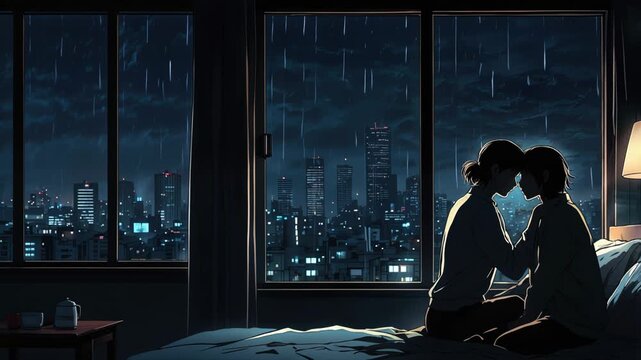 Looping video background of a young couple in a dark bedroom. The room is dimly lit. Behind the window, you can see the city at night while it rains. The scene is romantic and intimate.