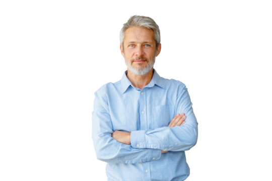 Mature professional man with grey hair and beard looking directly at camera, confident and serious