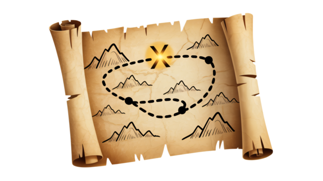 Ancient treasure map with 'X' marks the spot and dotted journey path