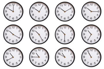 Collection of twelve round wall clocks showing 10:00 to 10:55 or 22:00 to 22:55, isolated on white background. Concept of time management, global time zones, scheduling, and business planning.