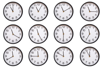 Collection of twelve round wall clocks showing 11:00 to 11:55 or 23:00 to 23:55, isolated on white background. Concept of time management, global time zones, scheduling, and business planning.