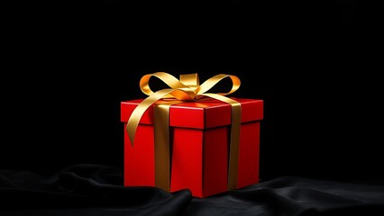 Luxurious red gift box with golden ribbon on a dark velvet background.