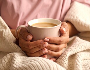 Person Wrapped in Knit Blanket Holding Warm Drink