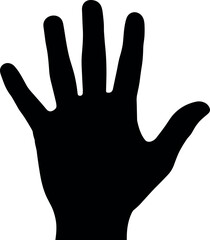 Human hand silhouette, left hand upright, fingers spread, black vector illustration, gesture symbol, design template, educational graphic, isolated art