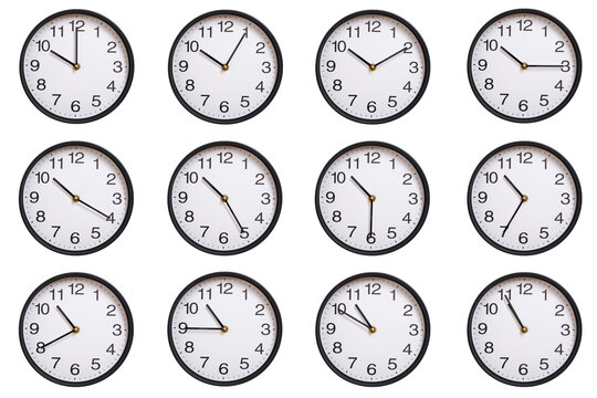 Collection of twelve round wall clocks showing 10:00 to 10:55 or 22:00 to 22:55, isolated on white background. Concept of time management, global time zones, scheduling, and business planning.