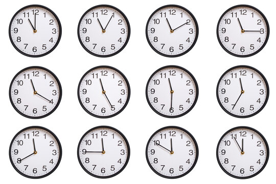 Collection of twelve round wall clocks showing 11:00 to 11:55 or 23:00 to 23:55, isolated on white background. Concept of time management, global time zones, scheduling, and business planning.